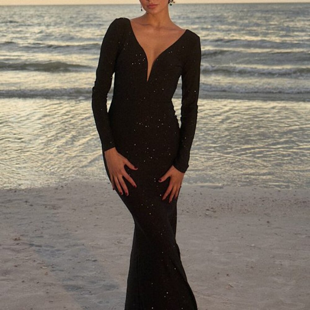 Glamorous in Glitter Black Long Sleeve Backless Maxi Dress